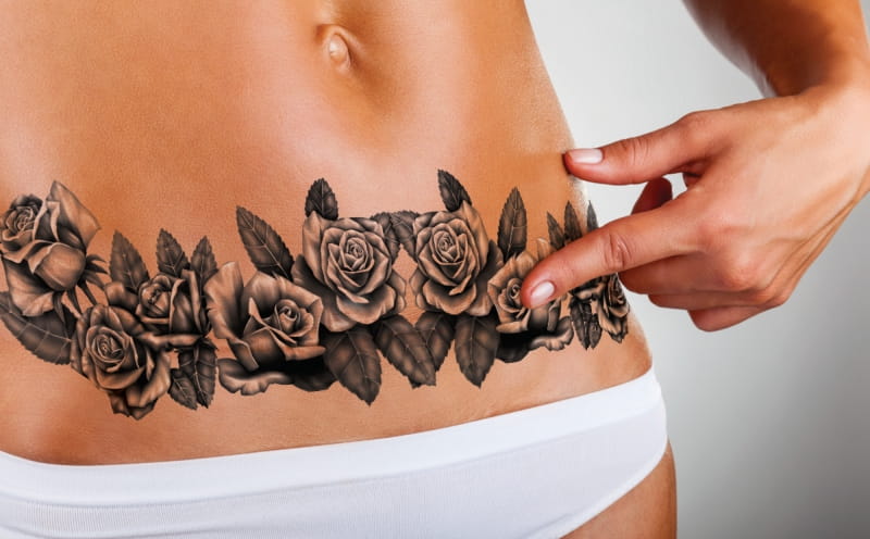 Black Baccara Portrait Rose Abdominal Mastectomy Top Surgery Temporary Tattoo