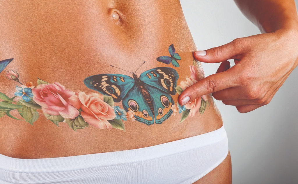 Philenor Butterfly and Roses Abdominal/Mastectomy Tattoo